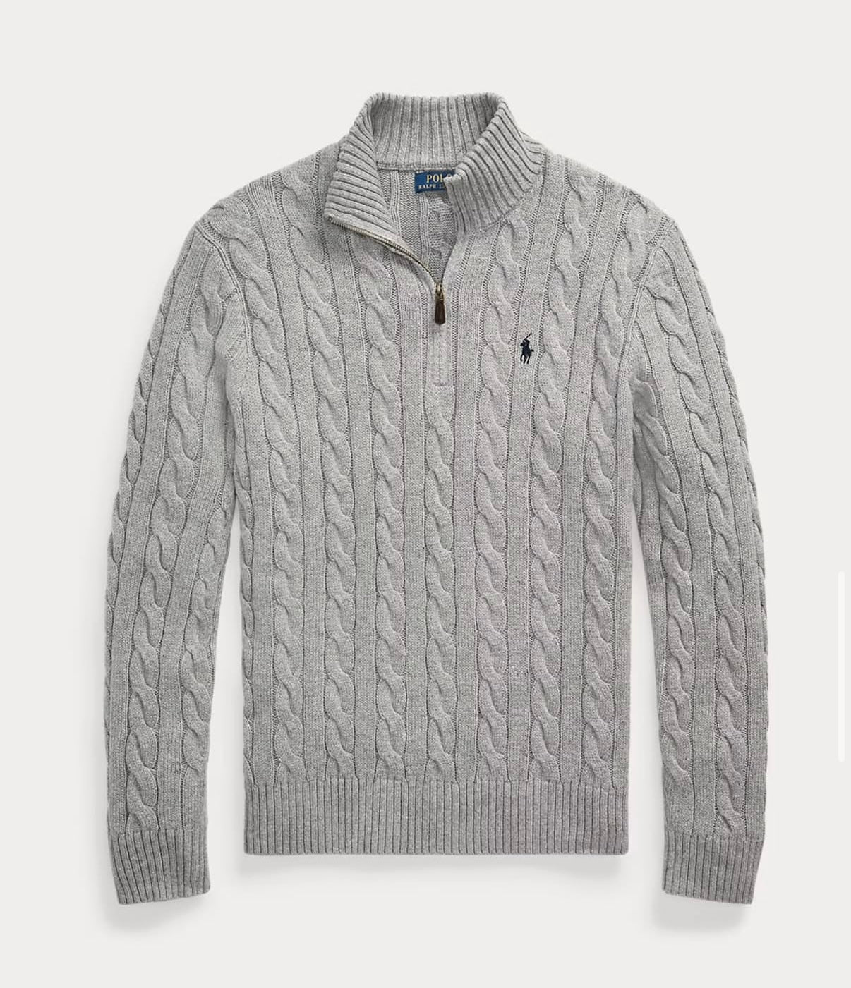RL Grey Cable Knit Quarter Zip