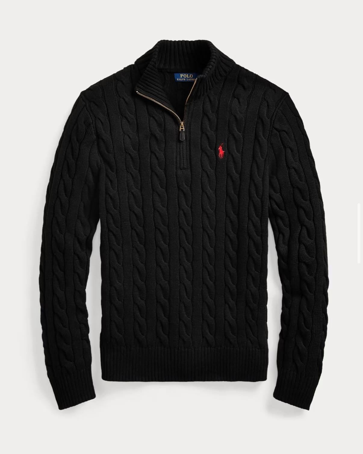RL Black Cable Knit Quarter Zip